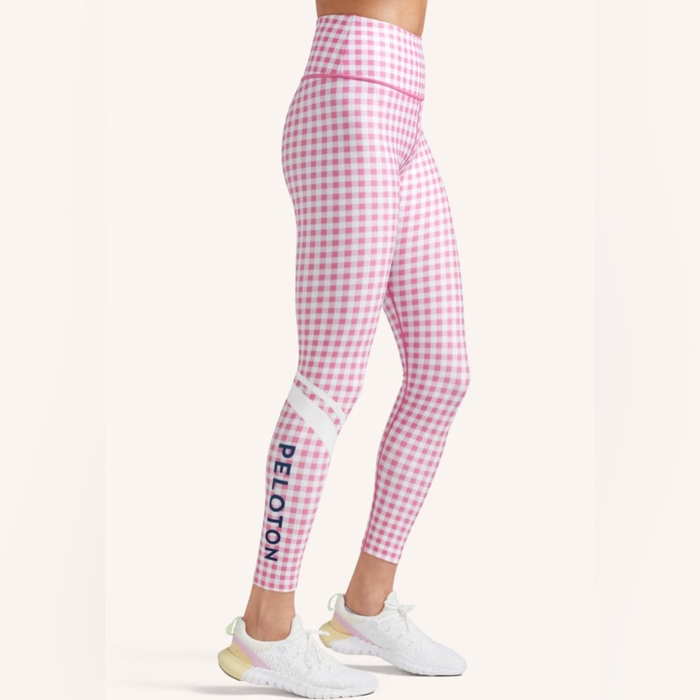 Peloton Gingham High Waisted Pink and White Gingham Checkered Leggings Medium